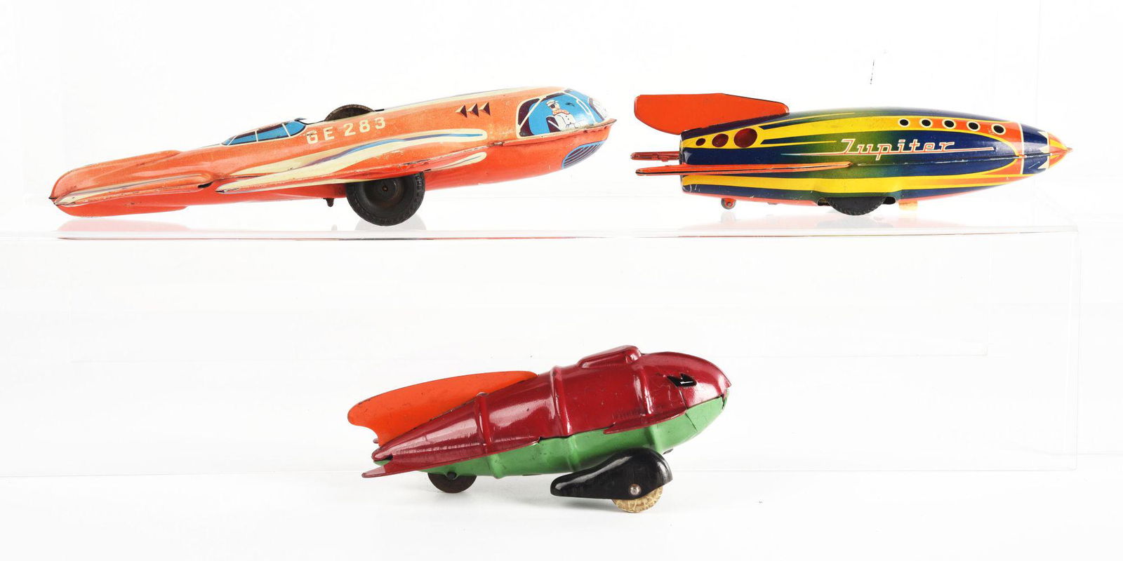 LOT OF 3: GERMAN & AMERICAN TIN LITHO & PRESSED STEEL ROCKET TOYS. (1 of 2)