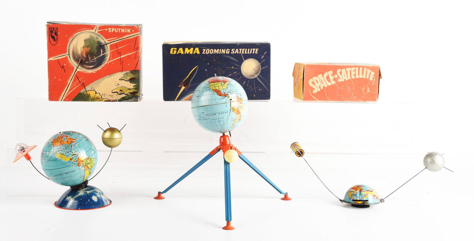 LOT OF 3: GERMAN MADE TIN LITHO SPACE TOYS IN ORIGINAL BOXES. (1 of 2)