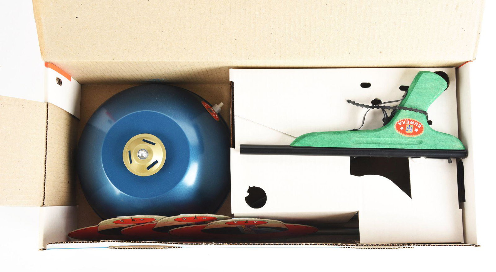 FRENCH TARGET SET IN ORIGINAL BOX.: Marked TIROUX OVNES and Eureka. Includes pistol, helmet, and targets. Condition: (Excellent). Dimensions: 23 - 1/4" x 10" x 5 - 1/2".