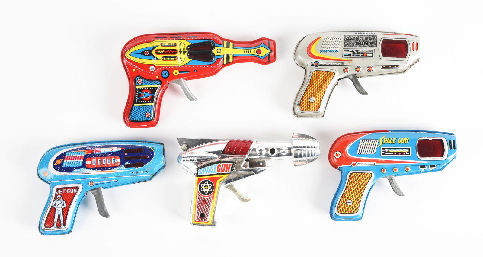 LOT OF 5: JAPANESE TIN LITHO & PLASTIC RAY GUNS. (1 of 2)