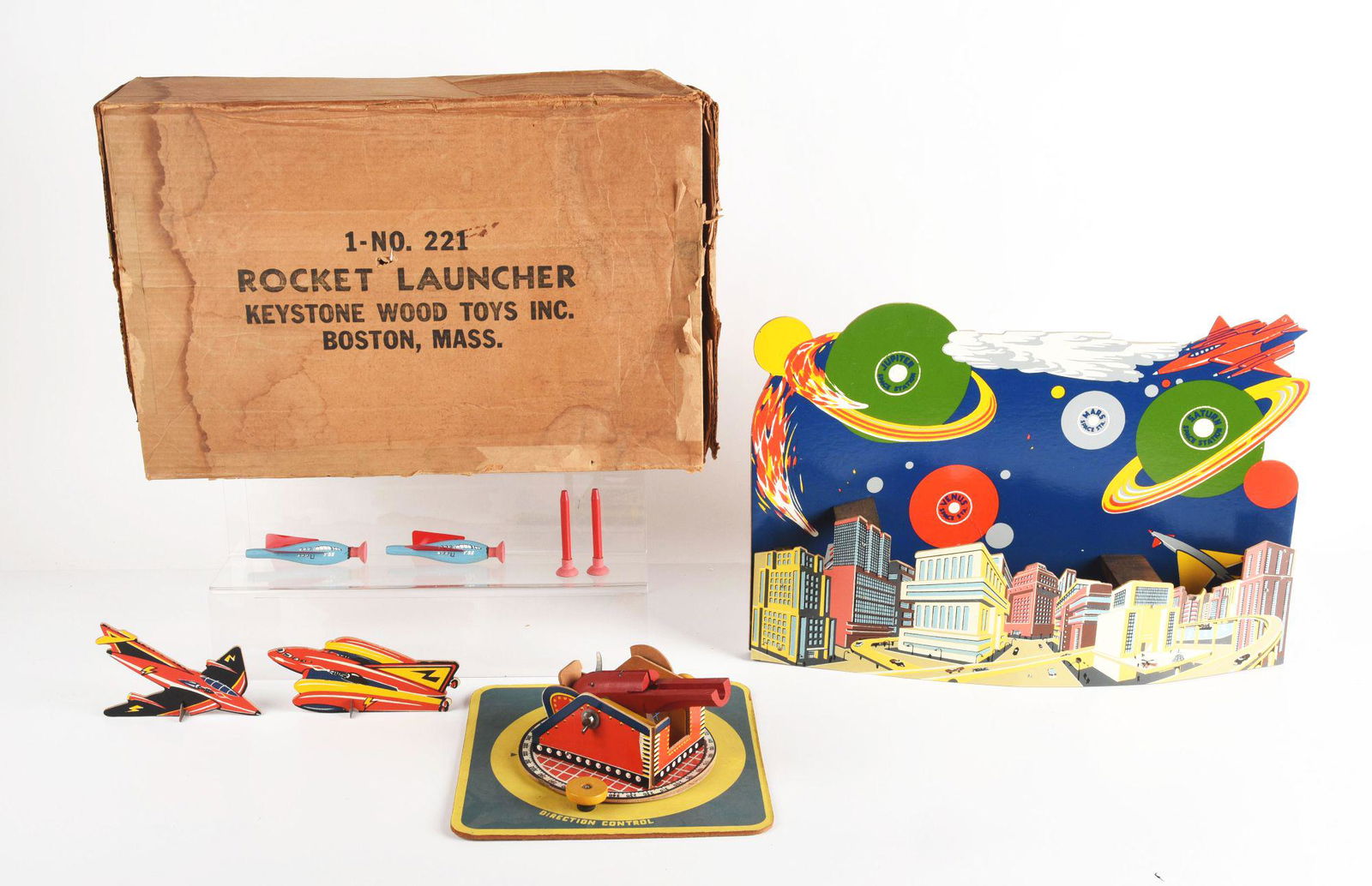 KEYSTONE WOOD & PLASTIC ROCKET LAUNCHER SET IN ORIGINAL BOX. (1 of 2)