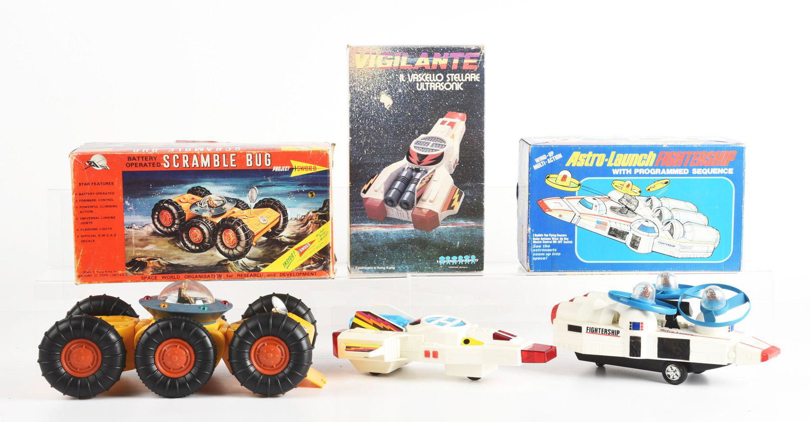 LOT OF 3: MADE IN HONG KONG SPACE VEHICLE TOYS IN ORIGINAL BOXES. (1 of 2)