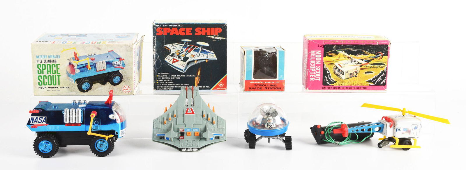 LOT OF 4: MADE IN JAPAN & HONG KONG SPACE VEHICLE TOYS IN ORIGINAL BOXES. (1 of 2)