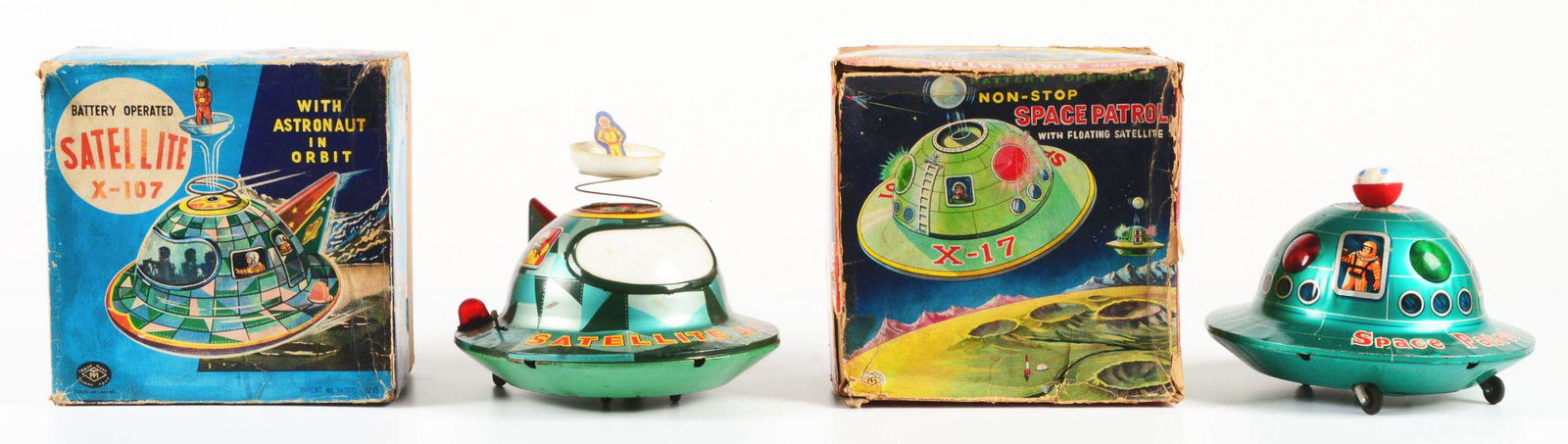 LOT OF 2: JAPANESE TIN LITHO BATTERY-OPERATED SATELLITE FLYING SAUCER TOYS. (1 of 3)