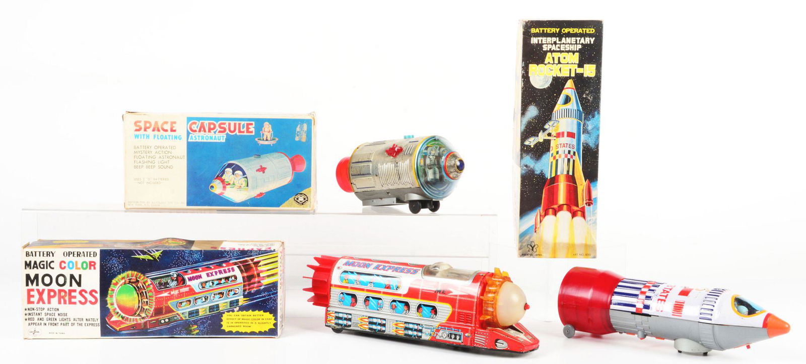 LOT OF 3: JAPANESE AND MADE IN TAIWAN TIN LITHO AND PLASTIC SPACE VEHICLES. (1 of 3)