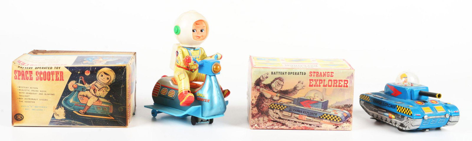 LOT OF 2: JAPANESE BATTERY OPERATED TIN LITHO AND PLASTIC SPACE TOYS. (1 of 3)