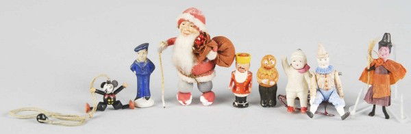 Lot of 8: Assorted Small Holiday Pieces.: Includes a Santa with a celluloid face, a metal sled, a jointed bisque jester, a celluloid baby, a wooden soldier, a Halloween pumpkin pin, a bisque sailor, a paper mache witch, and a Mickey Mouse nec