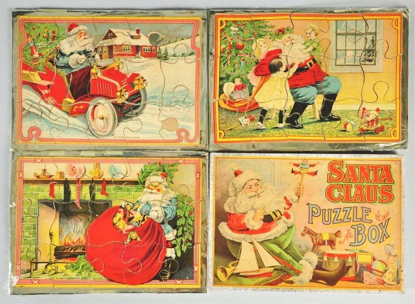 Milton Bradley "Santa Claus Puzzle Box".: Includes three complete puzzles with images of what they should look like when complete. Puzzle with Santa in automobile has two pieces with missing tips. Condition (Excellent). Size Box: 9 - 1/4"" x 