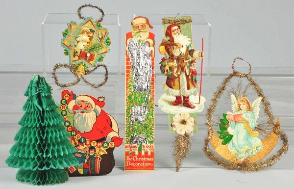 Lot of 5: Christmas Items.: Includes one Santa with fold-out tree, one Santa holding tinsel, one Santa die-cut, one wire-wrapped angel, and one wire-wrapped children. Condition (Excellent). Size Largest: 13 - 3/4"" T."