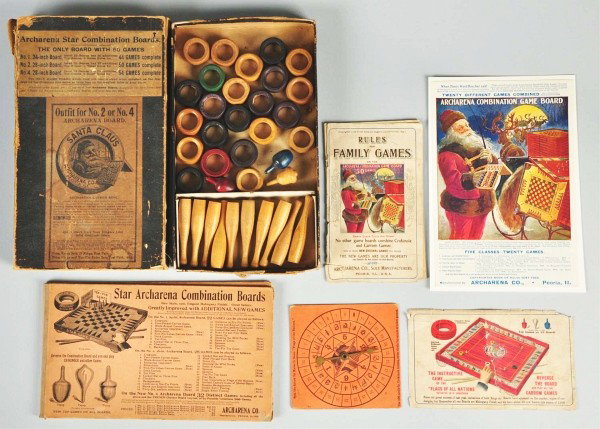 Early Santa Claus Archarena Company Game.: Copyrighted 1899. Complete game includes 50 games and 100 variations. Also includes an advertisement for this game. Condition (Excellent). Size Box: 11"" x 6 - 1/2". CORRECTION – Lot does NOT includ
