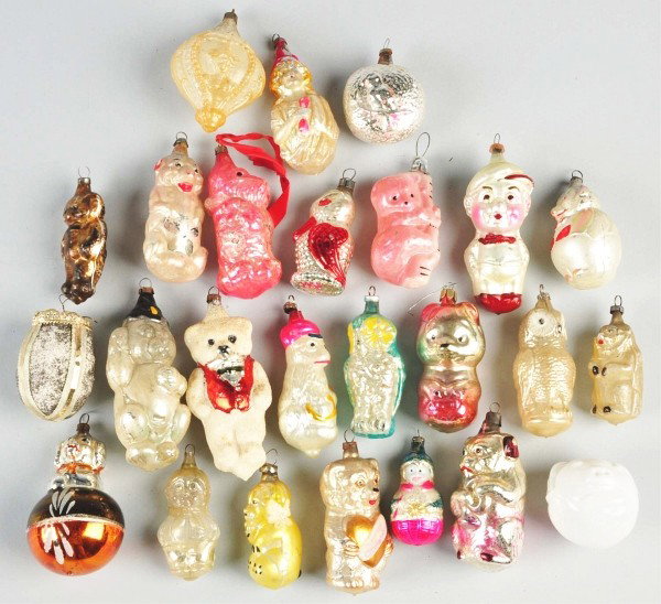 Lot of 25: Glass Figural Christmas Ornaments.: Mostly in the from of animals and several people. Condition (Very Good - Excellent)."