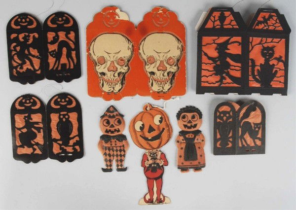 Lot of 8: Halloween Die-Cuts and Lanterns.: Includes five lanterns and three die-cuts. Minor wear except skeleton lantern has several tears. Condition (Excellent). Size Largest: 11 - 1/2"" T."