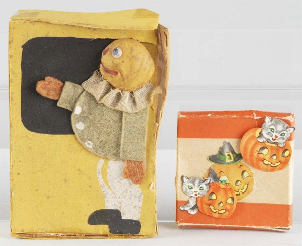 Halloween Box.: Includes a composition pumpkin head with cloth body. Box lid aprons are loose. Condition (Good). Size Largest: 4 - 1/2"" T."