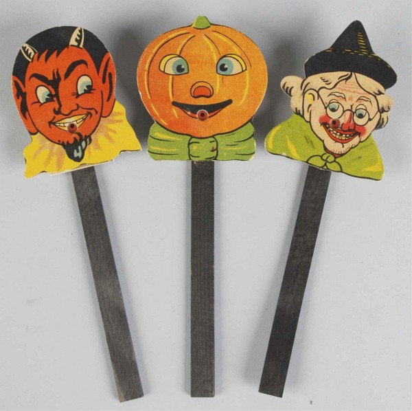 Lot of 3: Unusual Halloween Squeak Toys.: German. Includes one jack-o-lantern, one devil, and one witch. By pushing the back of the squeak toy, a musical tone is emitted. Condition (Excellent). Size Each: 9"" T."