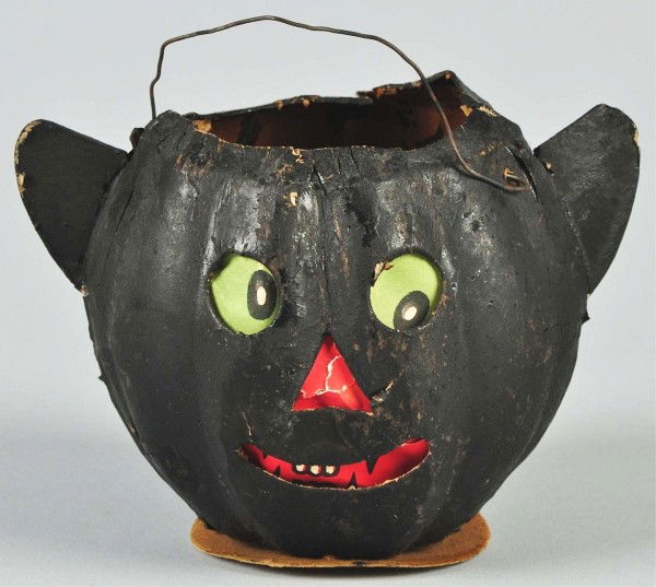 Black Cat Jack-O-Lantern.: With annealed ears and original paper inserts with green eyes. Condition (Excellent). Size 3 - 1/2"" T."