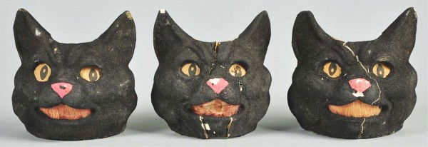 Lot of 3: Early & Rare Black Cat Jack-O-Lanterns.: All are mantle pieces/wall plaques with original inserts. Some glue repairs and cracks throughout. Condition (Excellent). Size Each: 4"" T."