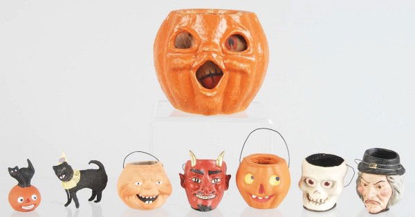 Lot of 8: Halloween Items.: Includes seven contemporary pieces consisting of two jack-o-lanterns, one witch, one devil, one skeleton, one cat on pumpkin, and one cat with hat. Also includes one pulp jack-o-lantern with loose pap