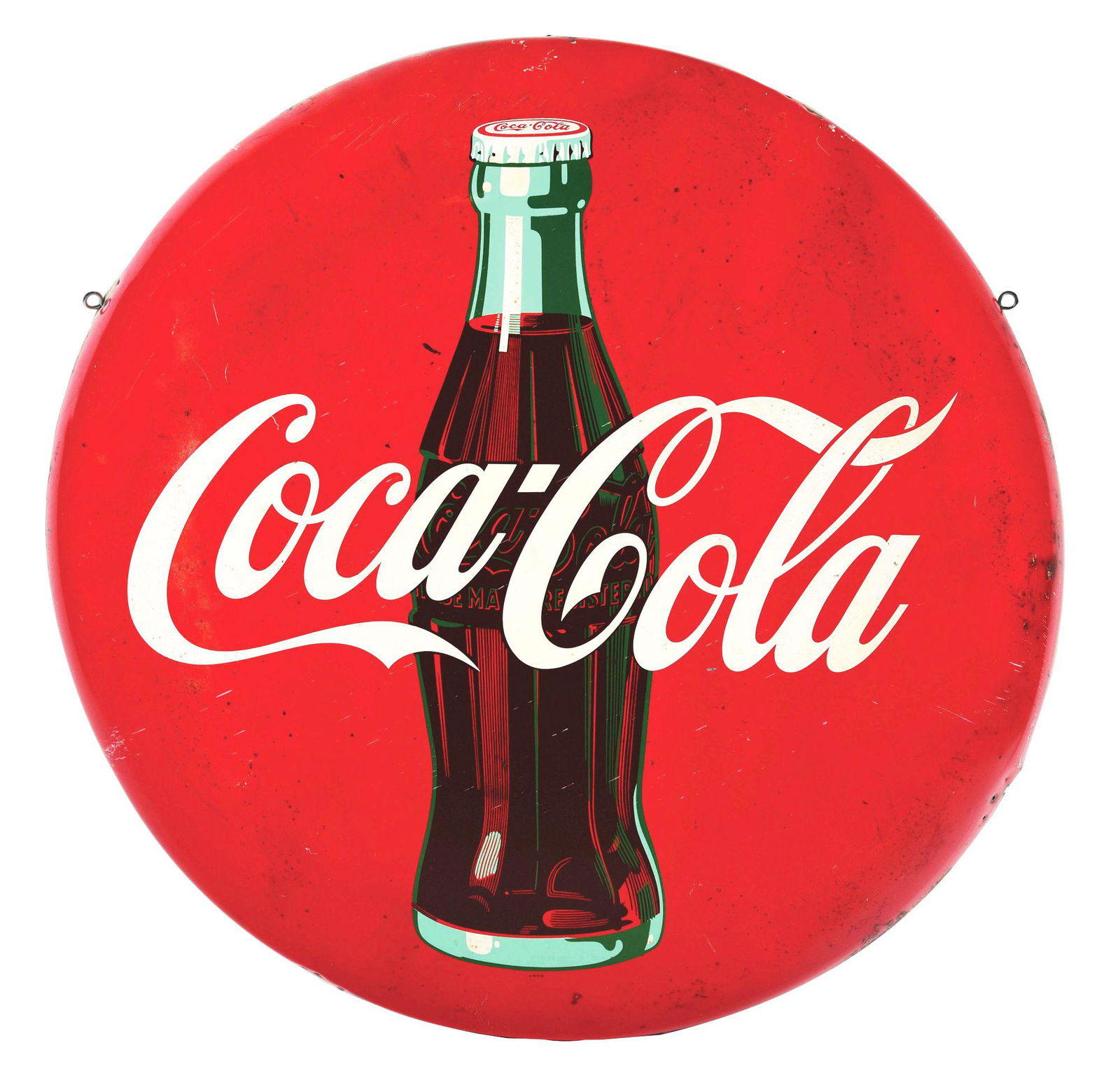LARGE COCA-COLA TIN BUTTON SIGN. (1 of 2)