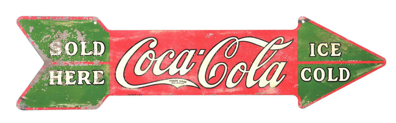 DOUBLE SIDED TIN COCA-COLA ICE COLD SOLD HERE ARROW. (1 of 4)