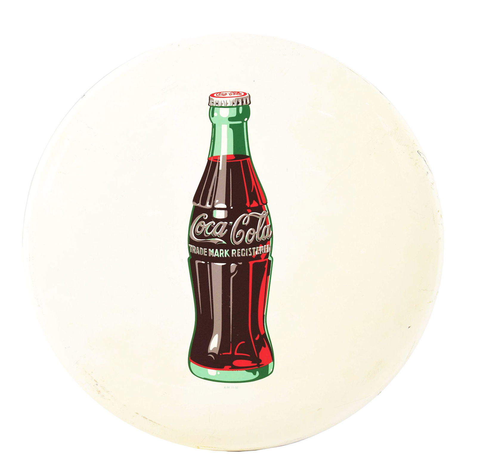 WHITE ROUND COCA-COLA BOTTLE SIGN.: A 1952 Coca-Cola single sided tin button sign in white with full bottle graphic, marked for the AM company. CONDITION: Showing light wear and light surface scratches, a real nice example of this Coke