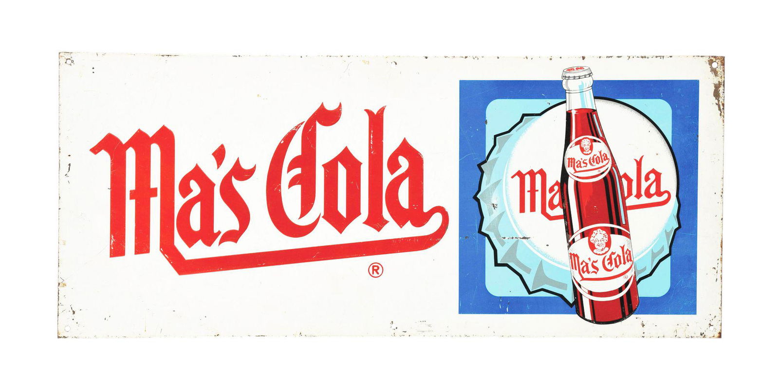 EMBOSSED TIN MA'S COLA SIGN.: SST. This piece from MA's has an amazing bottle graphic and cap, with vivid colors and excellent graphics. There is significant edge wear, some scratches to the face and areas of crazing to the paint.
