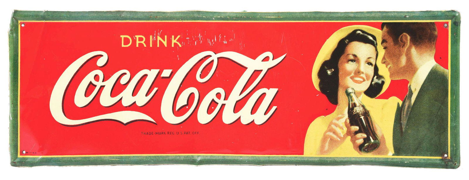 SINGLE SIDED SELF FRAMED TIN "DRINK COCA-COLA" SIGN. (1 of 3)