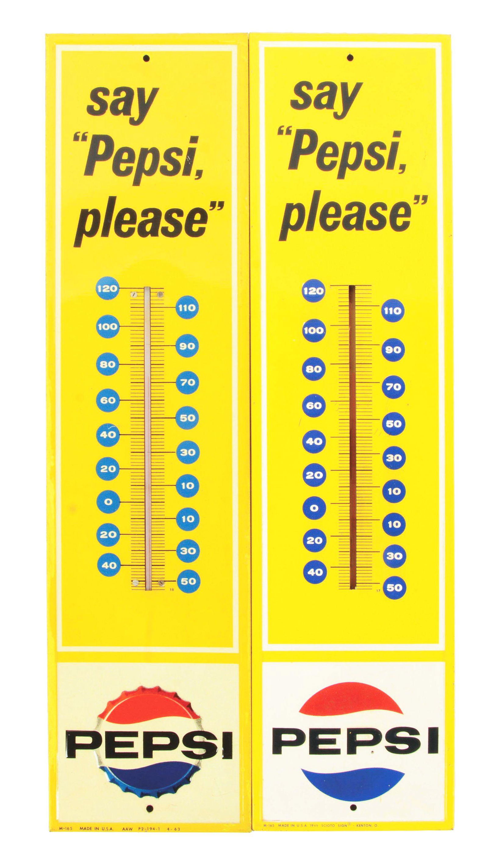 LOT OF 2: "SAY 'PEPSI, PLEASE'" EMBOSSED TIN THERMOMETERS.: The first lot is the older bottle cap version, marked "M-165 Made in U.S.A." The thermometer has areas of light scratching to the face and throughout the edges of the self framed edge. It has the orig