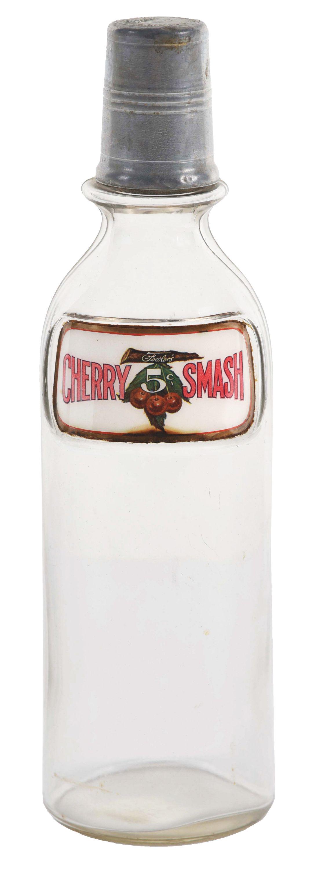 5¢ CHERRY SMASH LABEL UNDER GLASS SODA FOUNTAIN SYRUP BOTTLE. (1 of 5)