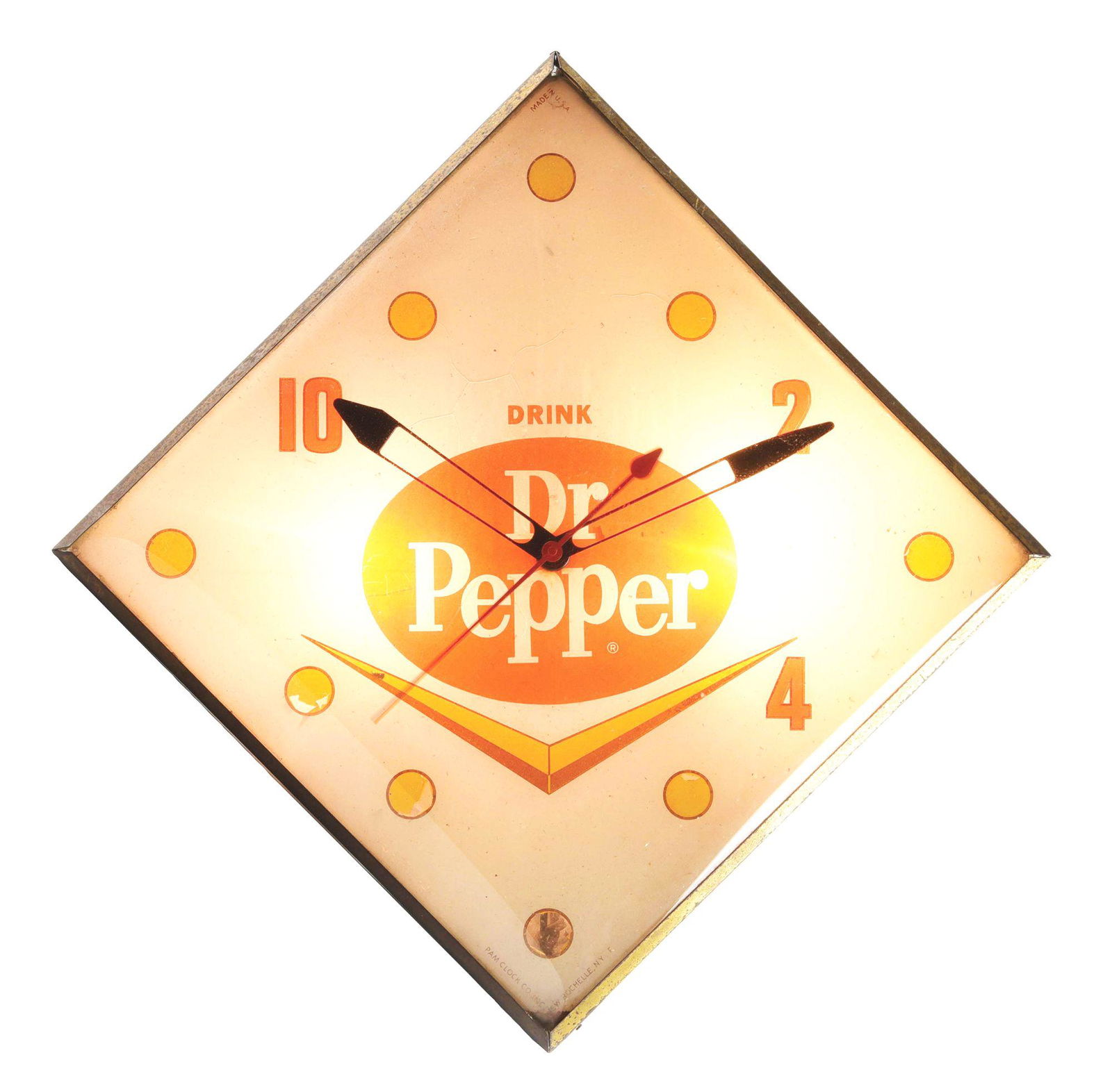 DR PEPPER PAM CLOCK.: Dr Pepper light-up clock by the Pam Clock Co., New Rochelle, New York. Original gold paint to the metal can, with areas of scuffs, scratches and surface oxidation, with original Pam labeling on the ba