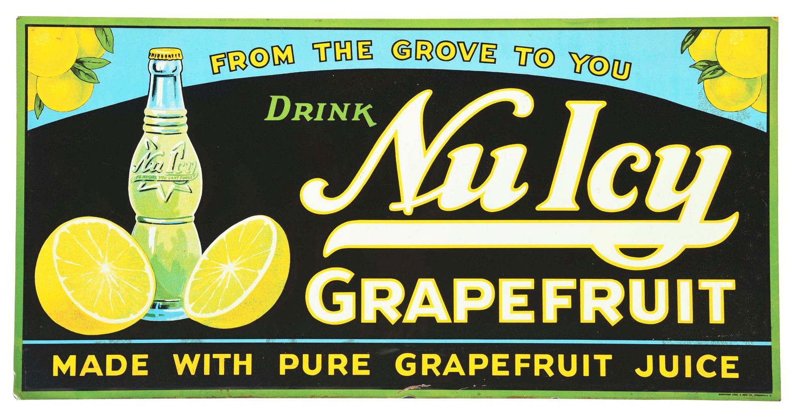 EMBOSSED TIN NU ICY SIGN.: SST. This Nu Icy soda pop sign is marked "Robertson Steel & Iron Co. Springfield, Ohio." This piece has tremendous gloss and graphics. CONDITION: There is staining to field of the sign along with very