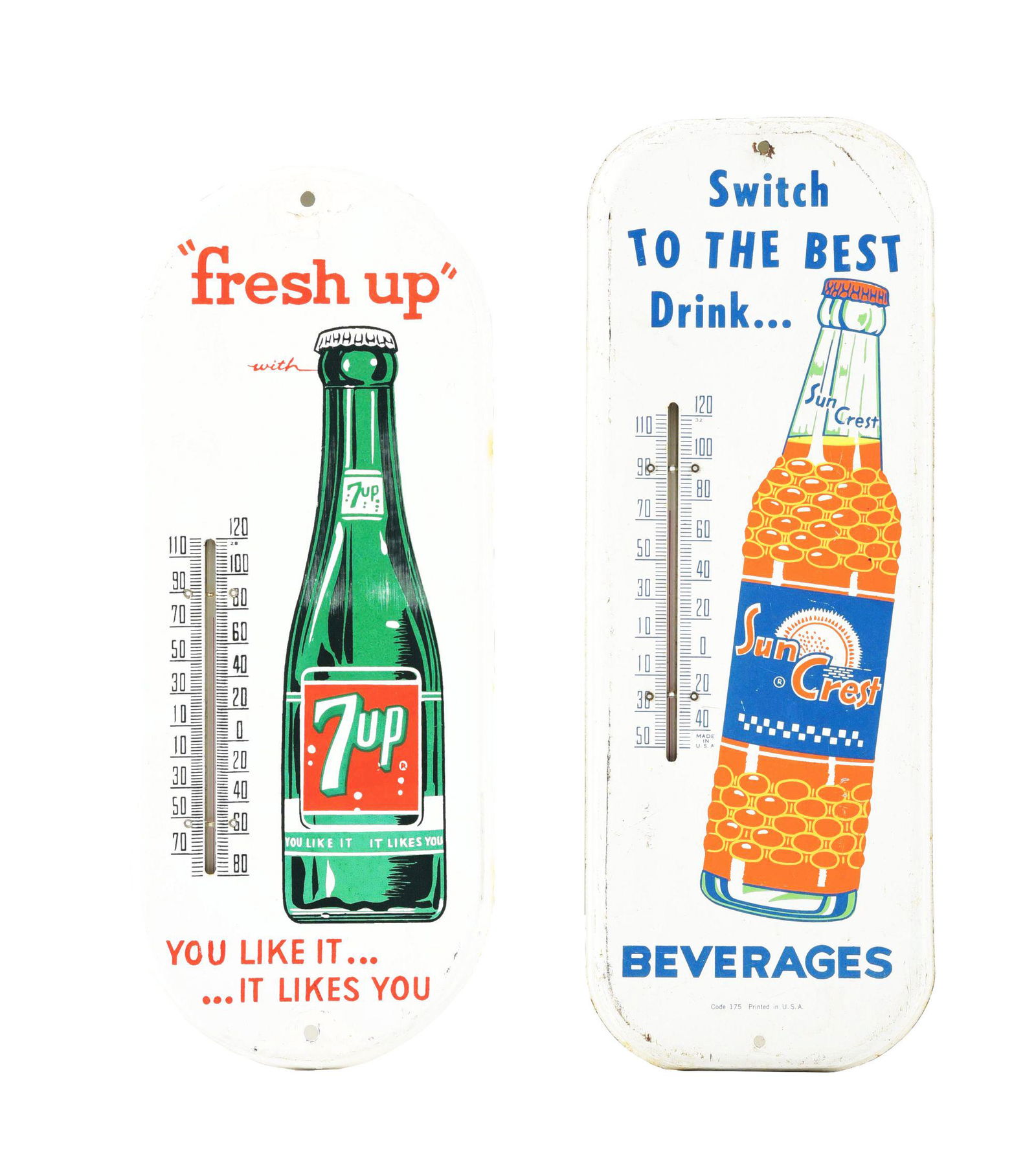 LOT OF 2: 7UP AND SUN CREST THERMOMETERS. (1 of 3)