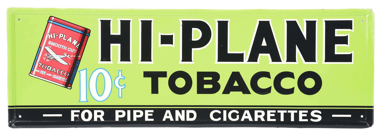 SINGLE SIDED EMBOSSED TIN HI-PLANE TOBACCO SIGN.: SST. This is a nice piece with excellent color and graphic. There is surface scratching to the face of the sign and to the outer self framed edges. Overall, an amazing piece with wonderful color, glos