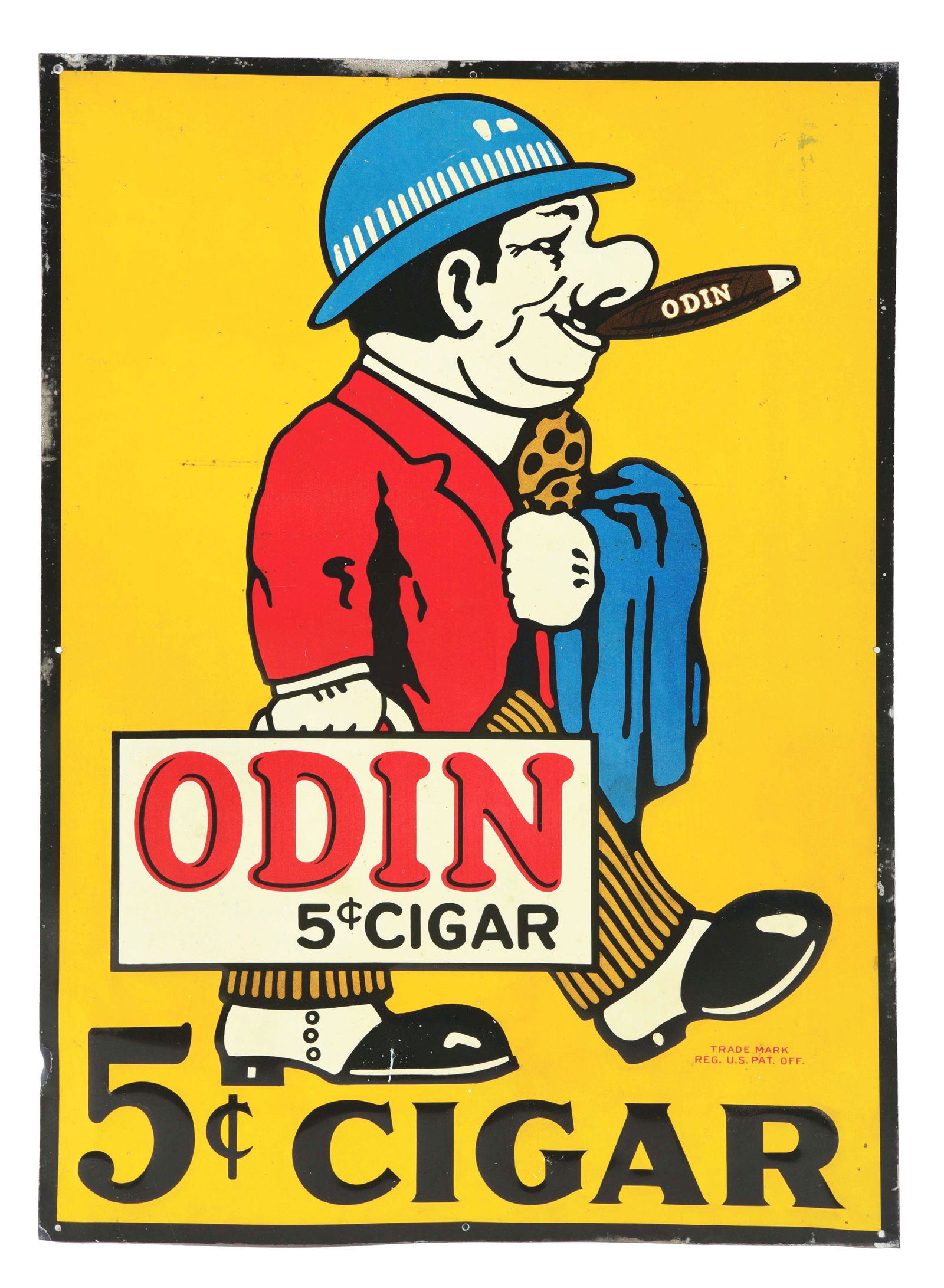 EMBOSSED TIN ODIN 5¢ CIGAR SIGN. (1 of 2)
