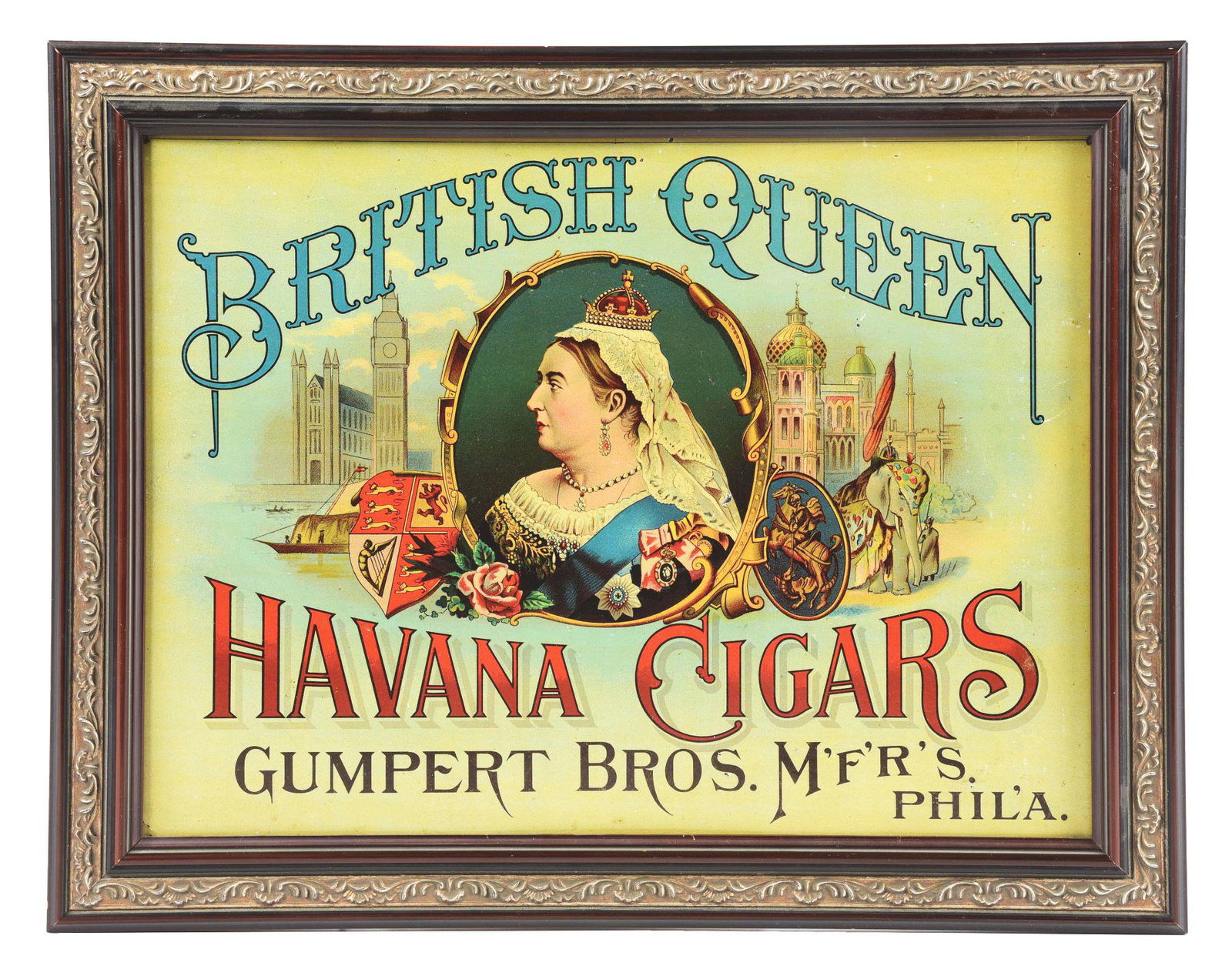 FRAMED TIN BRITISH QUEEN CIGARS SIGN. (1 of 2)
