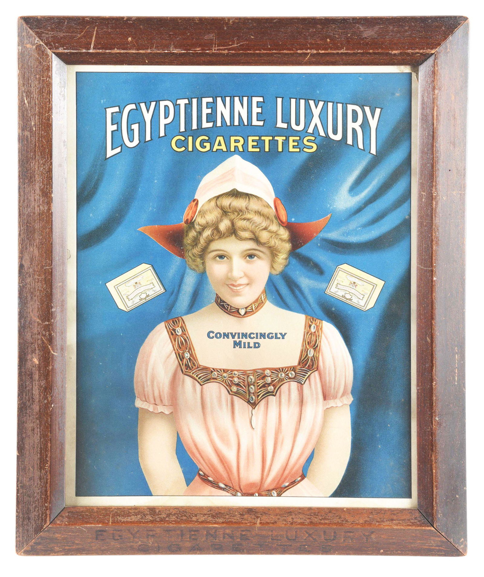 FRAMED HEAVY CARDBOARD ADVERTISEMENT FOR EGYPTIENNE LUXURY CIGARETTES. (1 of 3)