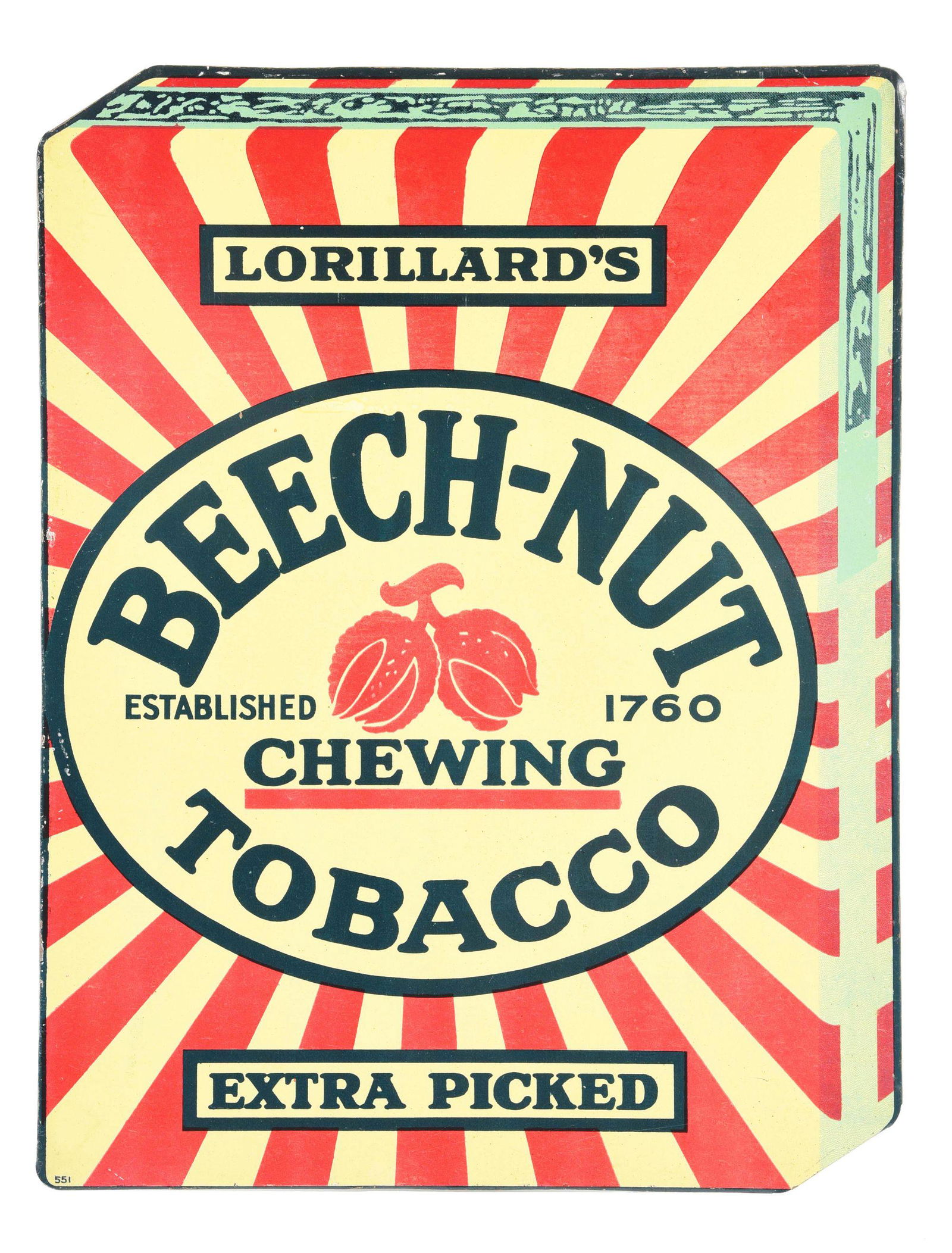 SINGLE SIDED TIN ADVERTISING BEECH-NUT TOBACCO SIGN. (1 of 2)