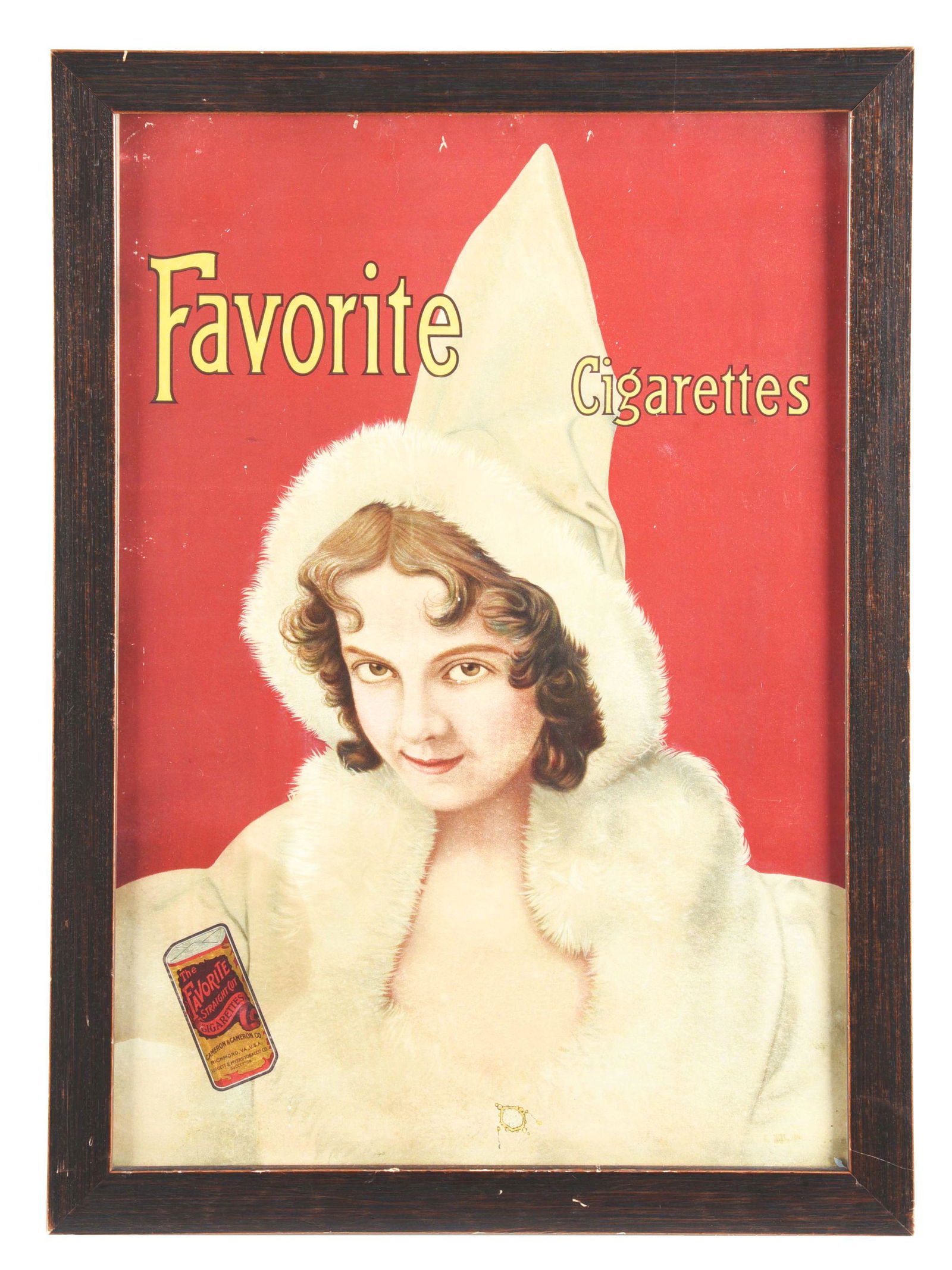 FRAMED CARDBOARD ADVERTISEMENT FOR FAVORITE CIGARETTES. (1 of 3)
