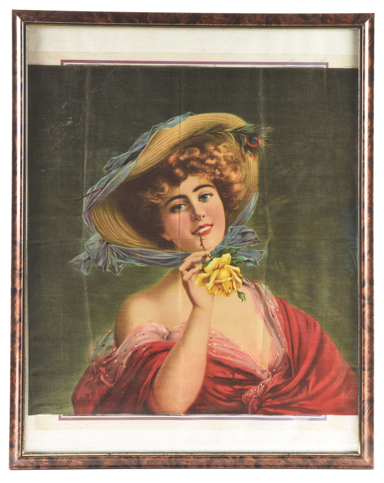 FRAMED TOBACCO PREMIUM.: Very early tobacco premium that was obtained thru the company by saving packages and sending them in. A cloth pillow top that was never constructed, marked 1908 by the Bernard Ulmann Company. Typical 