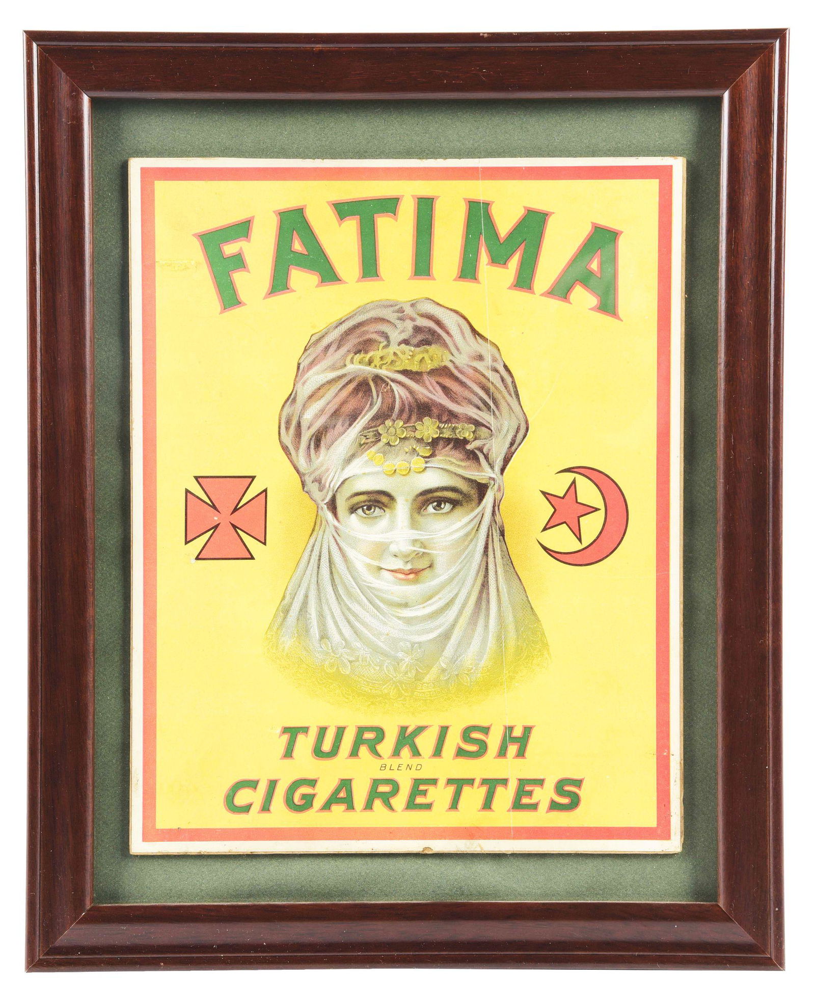 FRAMED CARDBOARD SIGN ADVERTISING FATIMA TURKISH CIGARETTES. (1 of 2)