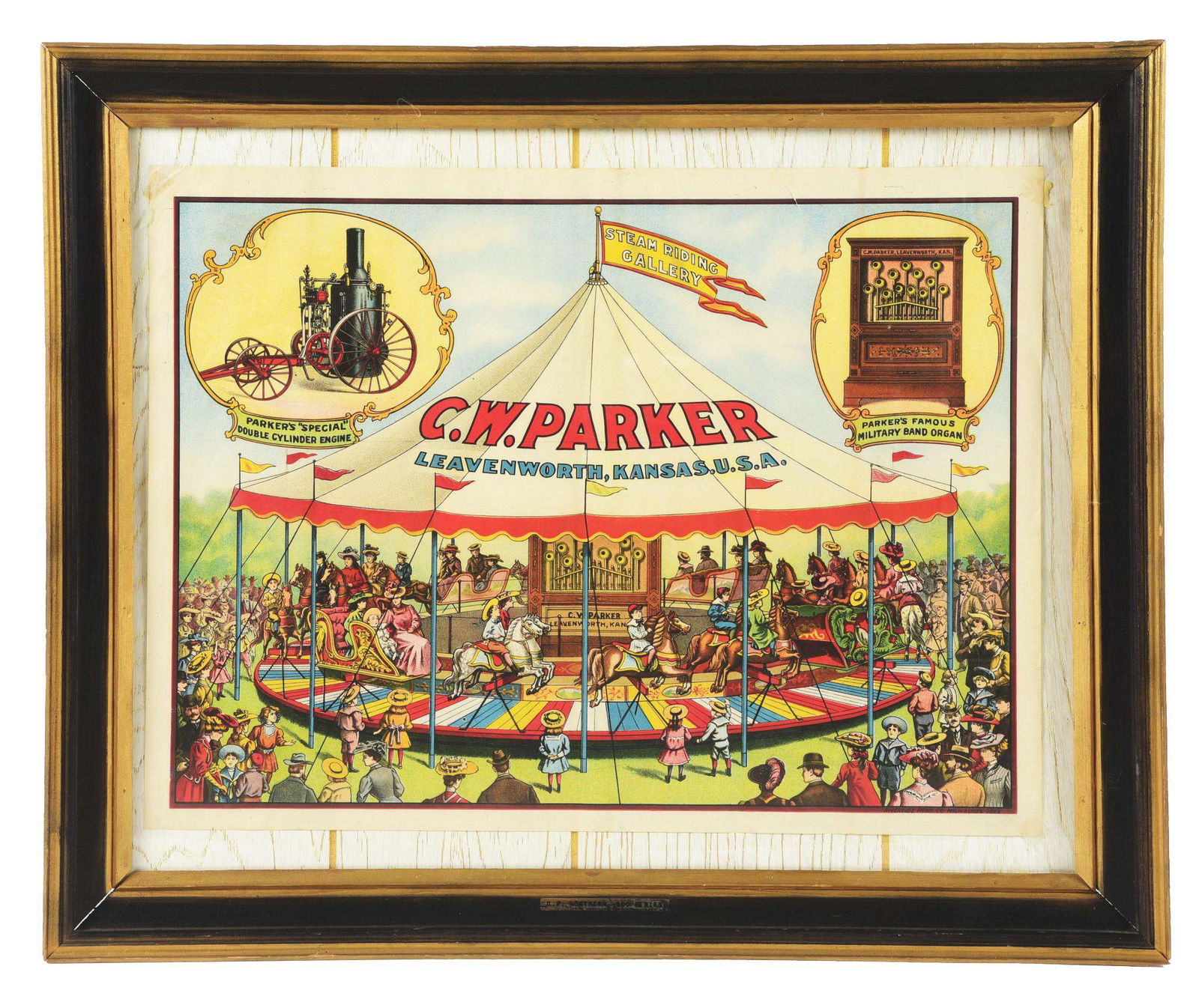 FRAMED ADVERTISING POSTER FOR C. W. PARKER CAROUSELS. (1 of 3)