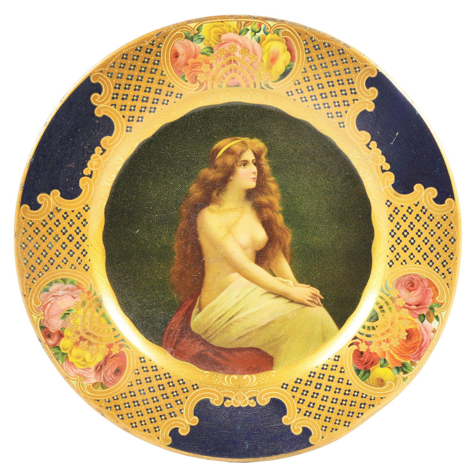 CARL NOLLENBERGER ART PLATE TRAY.: This is a great Vienna art plate depicting a beautiful topless young woman marked on the back "For the Vienna Art Plate Company & Carl Nollenberger Wholesale Wines, Liquors & Cigars Leadville, Colorad