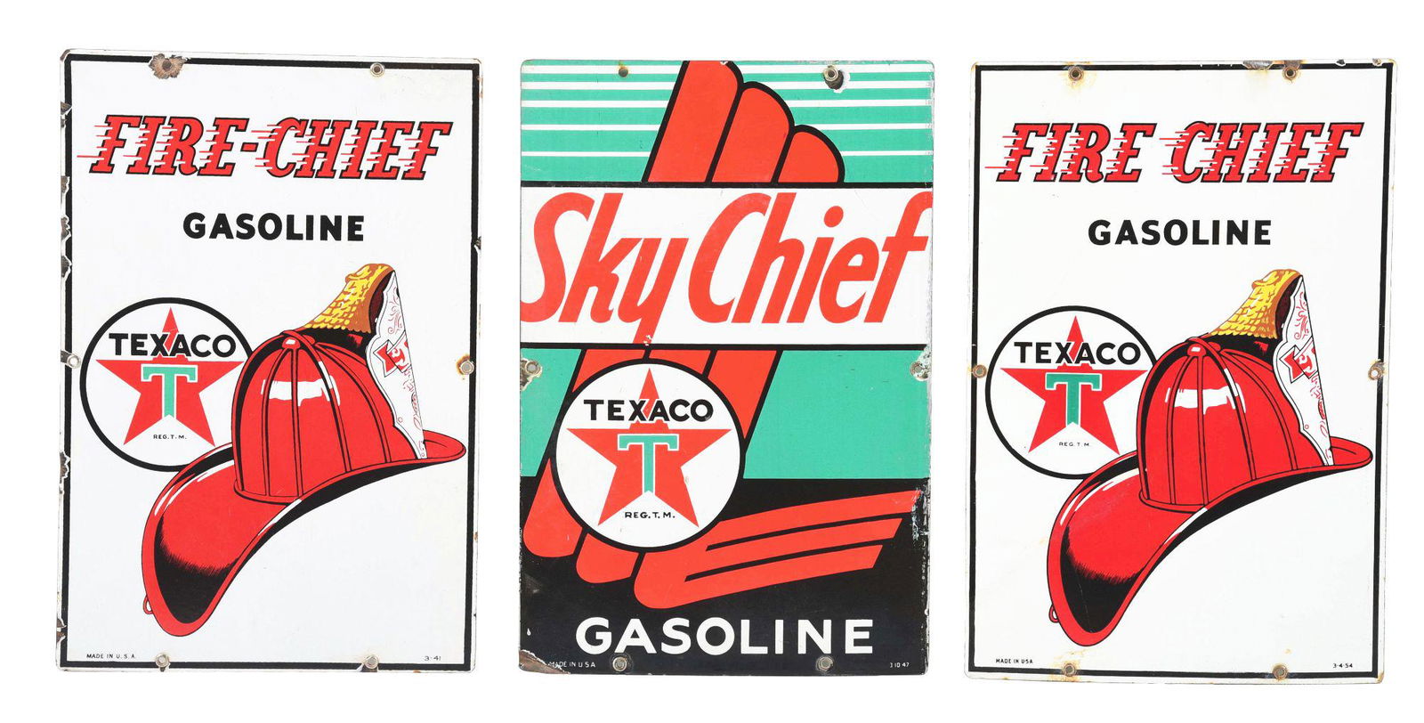LOT OF 3: SINGLE SIDED PORCELAIN TEXACO SKY CHIEF AND FIRE CHIEF SIGNS.: Lot of three Texaco pump plates. The first is a Sky Chief pump plate, marked bottom-right "3-10 47" and bottom-left "Made in U.S.A." CONDITION: Five of the six grommets are in place. The bottom-left c