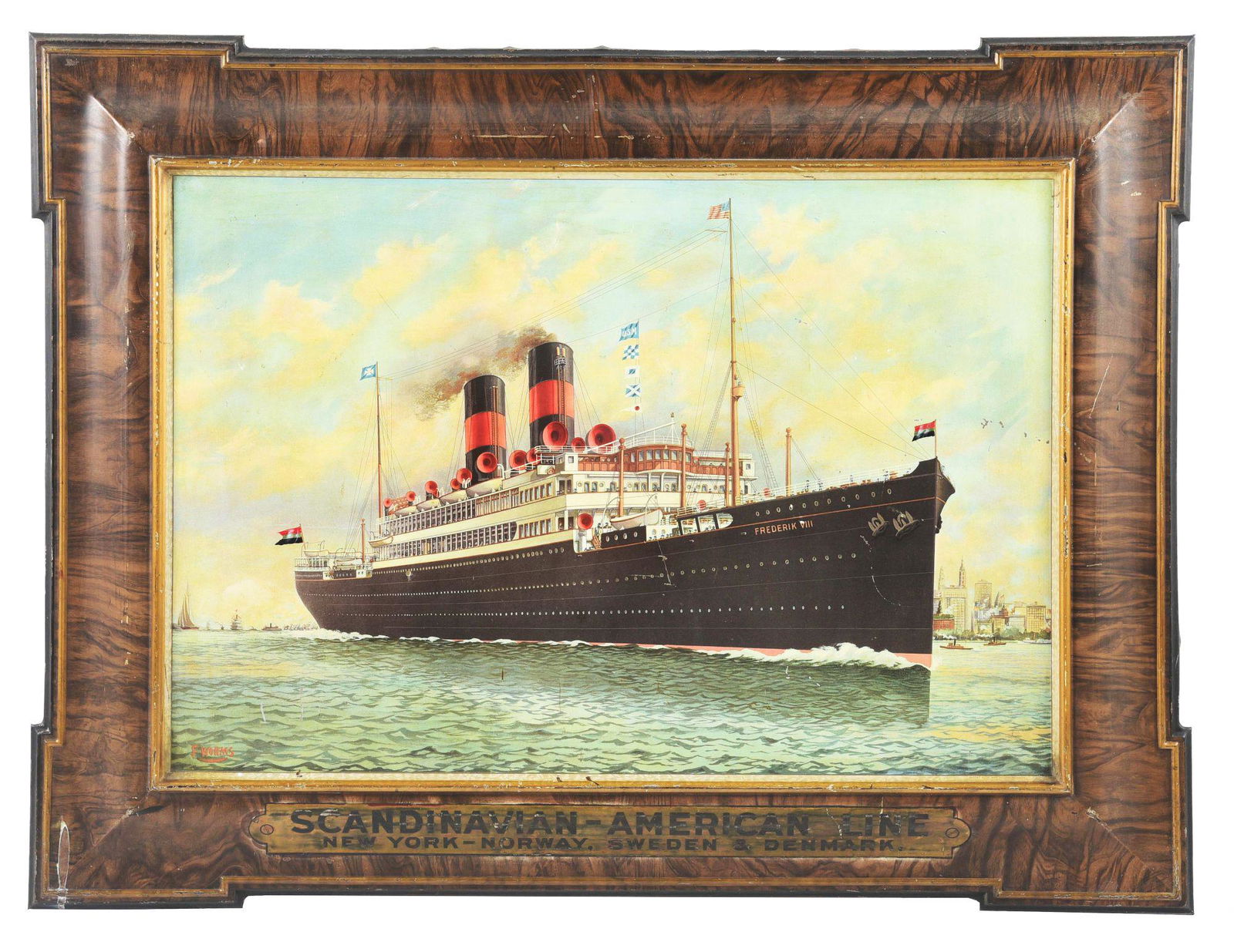 SELF FRAMED TIN SCANDINAVIAN-AMERICAN LINE SIGN. (1 of 4)