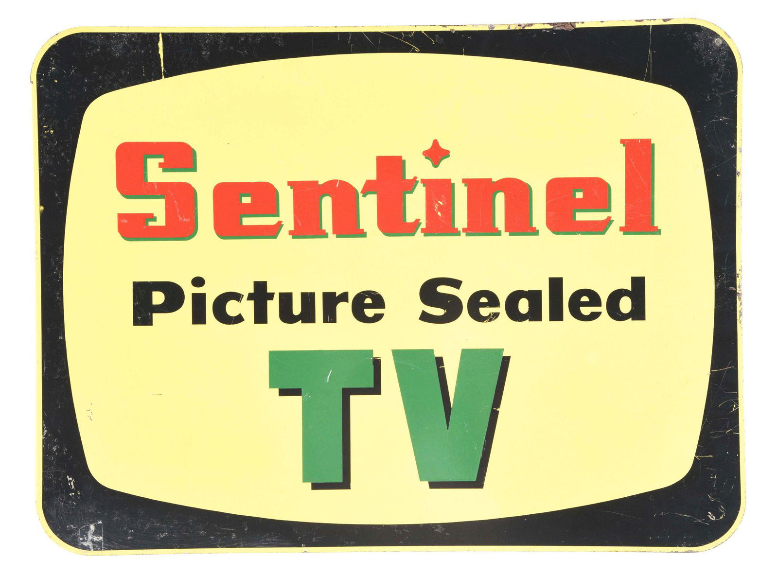 LARGE SENTINEL PICTURE SEALED TV FLANGE SIGN.: This is a large flange sign advertising Sentinel Televisions. CONDITION: The first side shows good color and shine, with light scratches and areas of paint loss primarily to the outside edges and abov