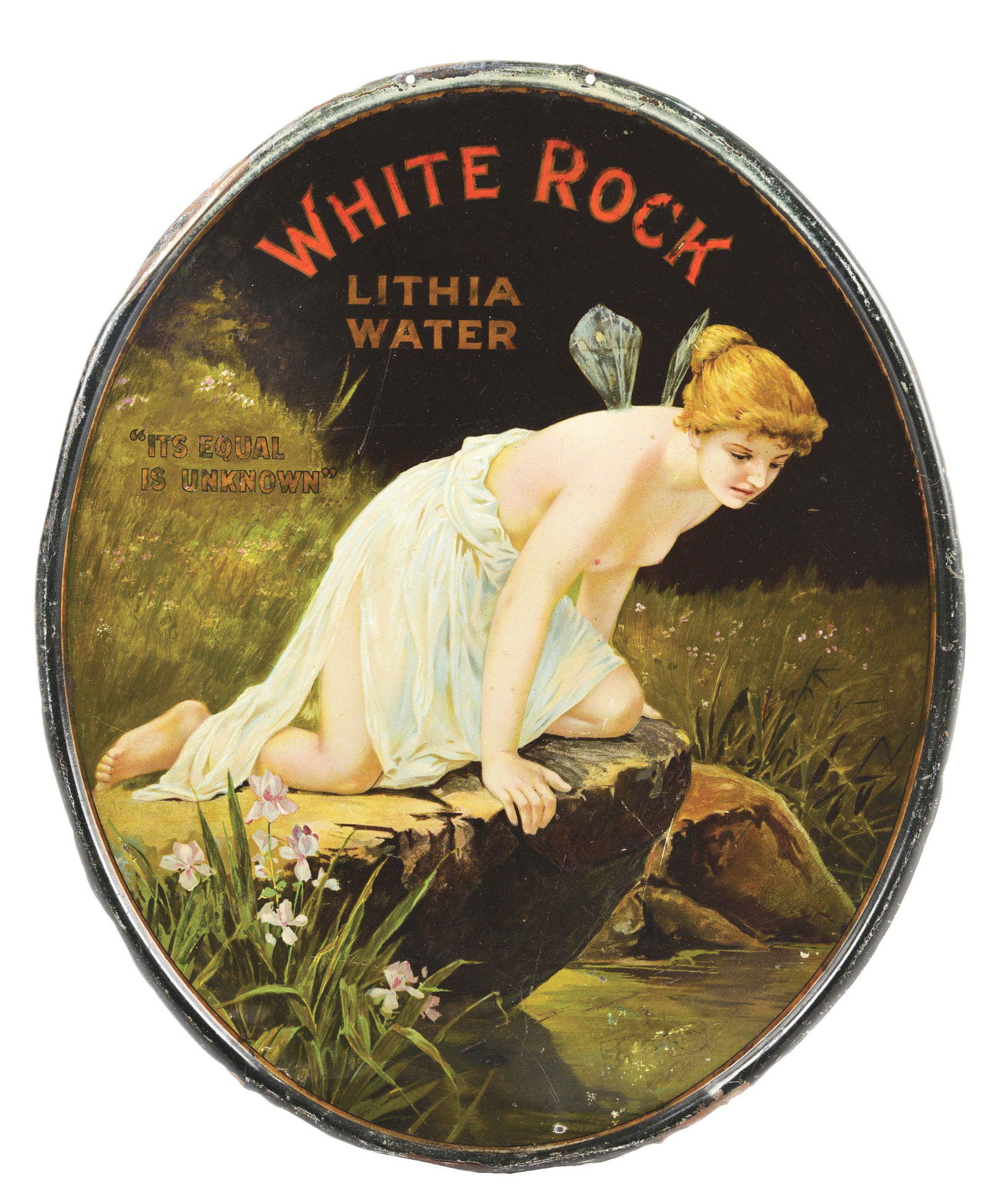 SELF FRAMED OVAL TIN SIGN ADVERTISING WHITE ROCK. (1 of 2)