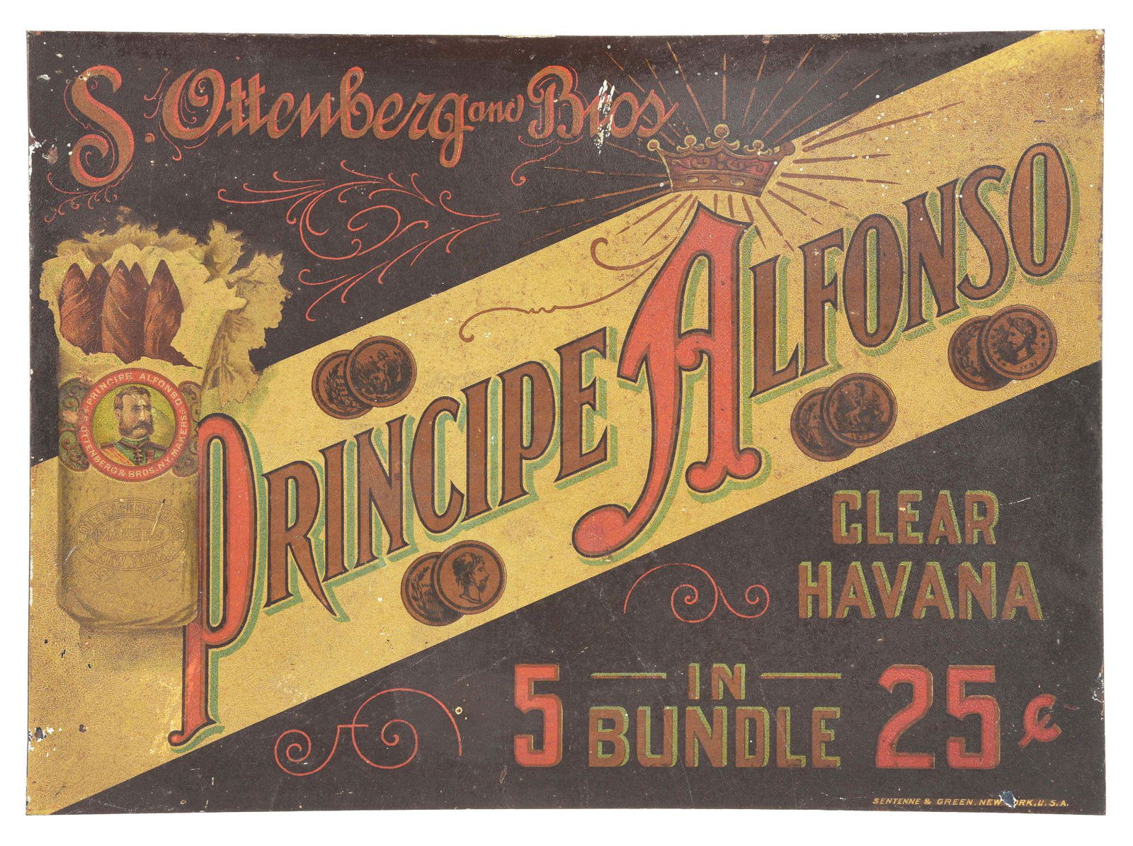 EARLY TIN SIGN ADVERTISING PRINCIPE ALFONSO CLEAR HAVANA CIGARS. (1 of 3)
