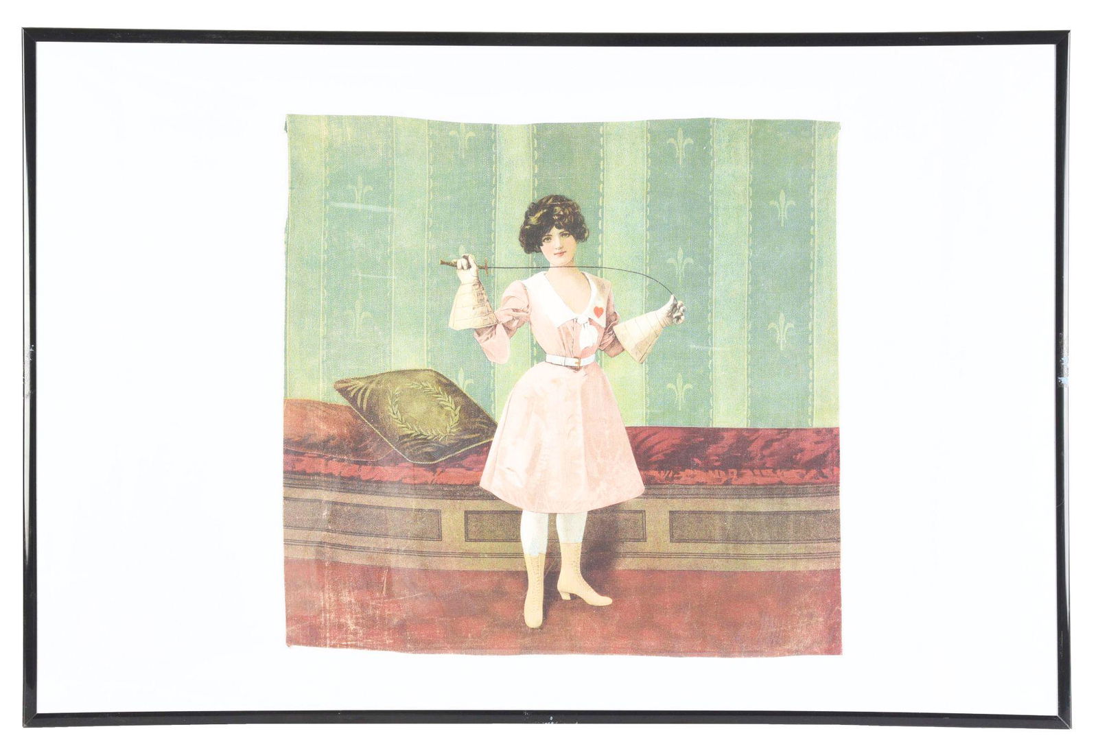 FRAMED VICTORIAN "TARGET HEART" FENCING LADY PRINTED PILLOW COVER. (1 of 3)