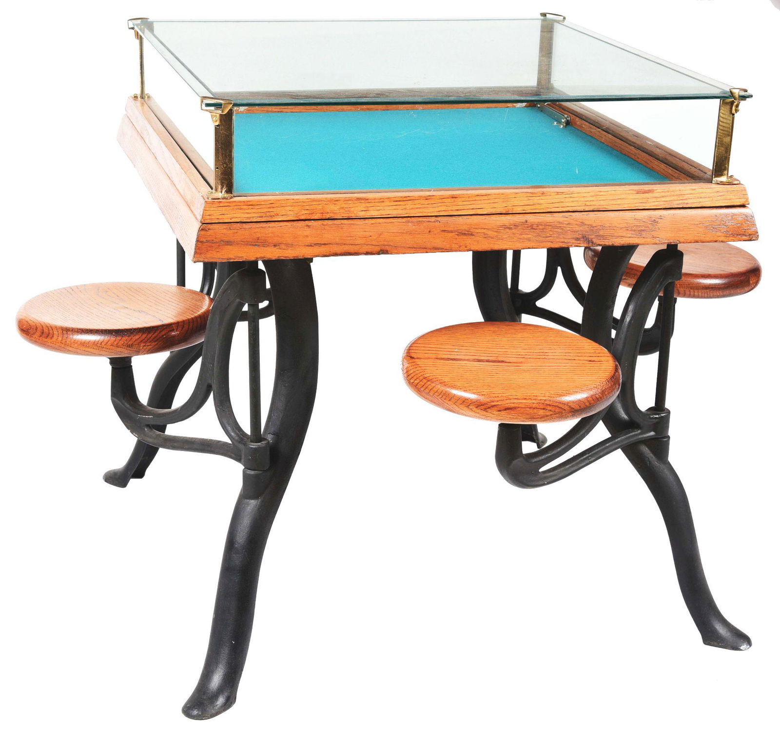 PROFESSIONALLY RESTORED JEWELRY DISPLAY CASE W/ FOLDING STOOLS FOR PATRONS TO SIT & SALEMEN TO SHOW (1 of 4)