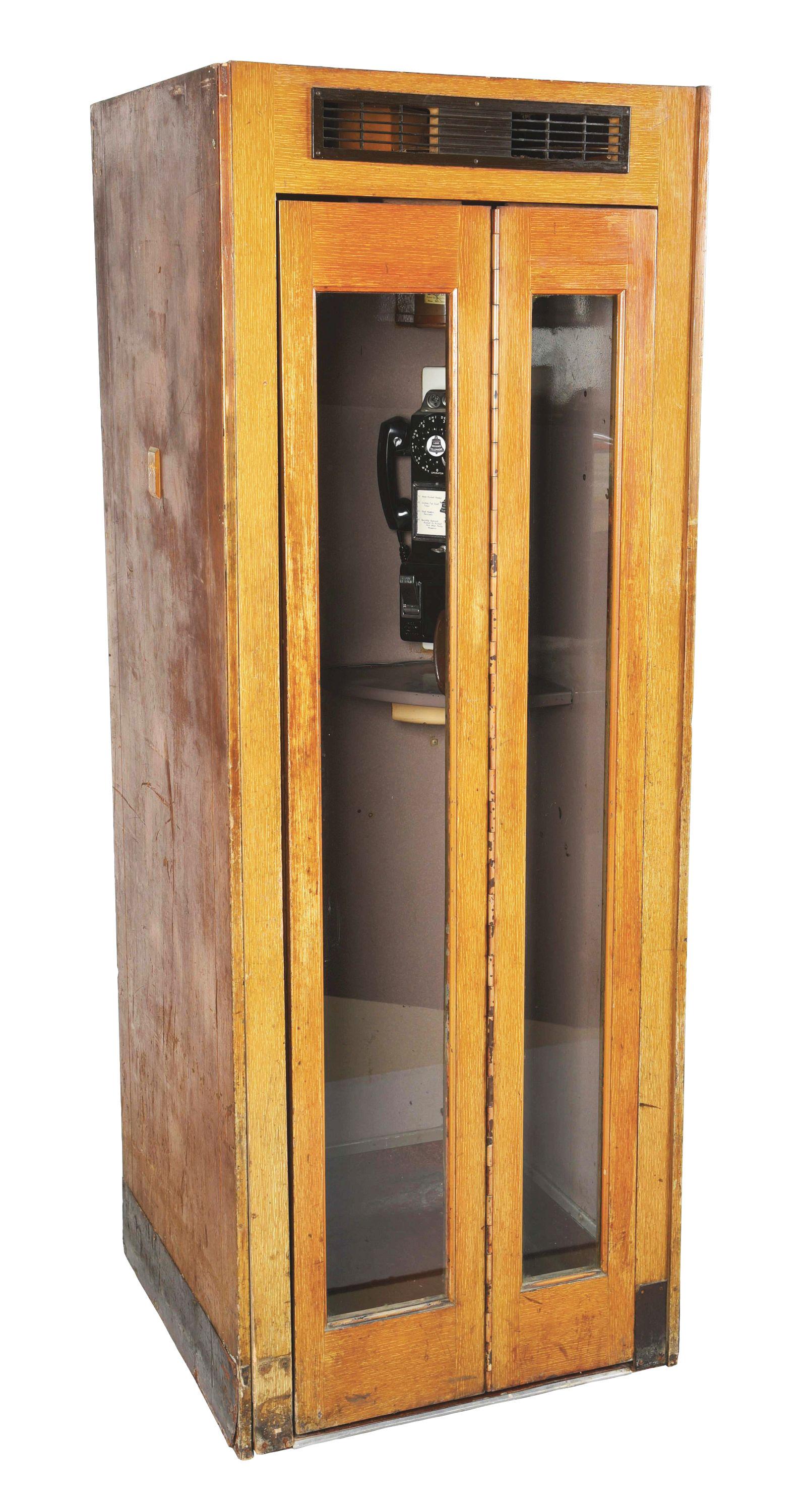EARLY 1940'S OAK PHONE BOOTH WITH COIN OPERATED PHONE AND FAN. (1 of 10)