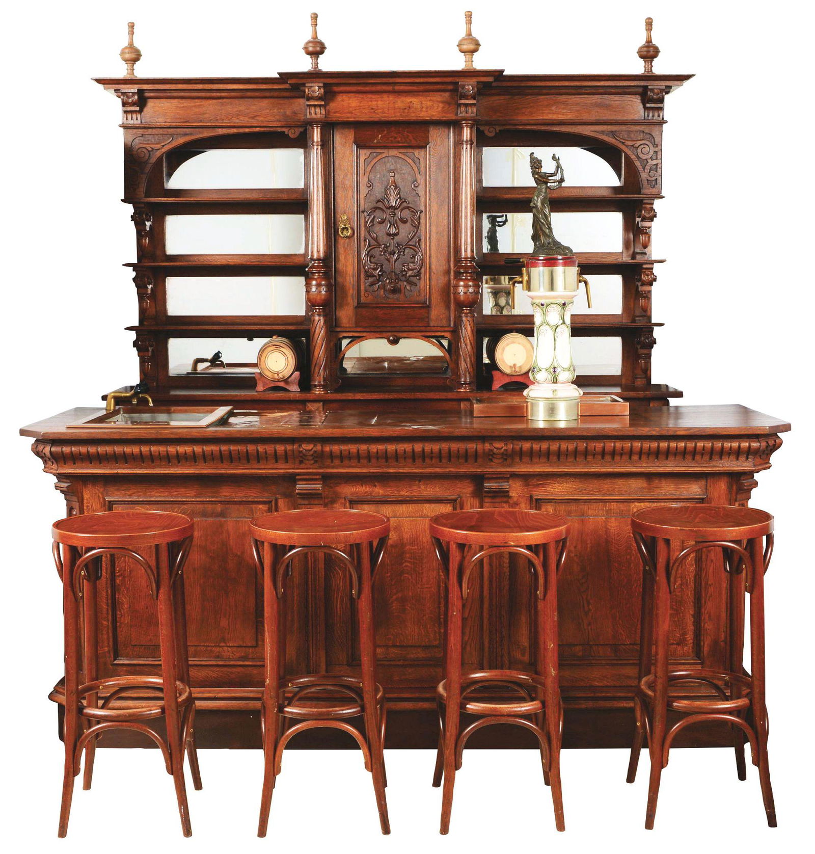 OAK PUB FRONT AND BACK BAR WITH CERAMIC DISPENSER AND STOOLS. (1 of 9)